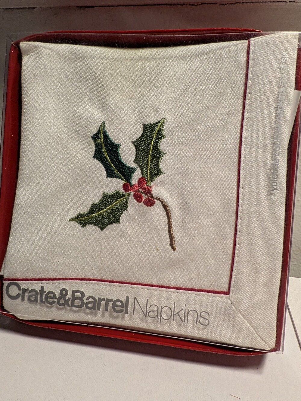 Crate & Barrel Yuletide Christmas Embroidered Cocktail Napkins Set of 6 NIB